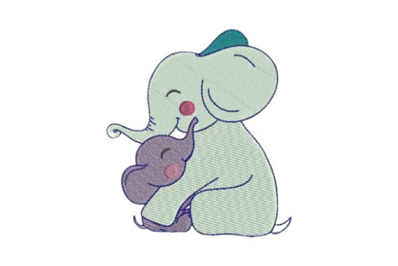 Cuddling Mom and Baby Elephant Embroidery